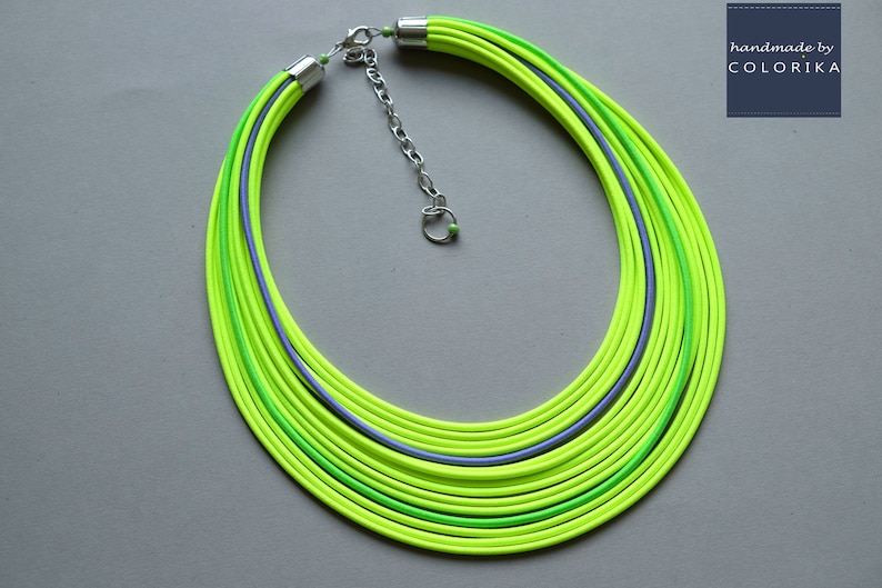 Multistrand necklace yellow necklace Bright jewelry Textile yellow necklace Multistrand coloured necklace Green neon necklace