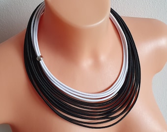 Black and White Statement Choker Necklace: Layered Fabric, Tribal jewerly