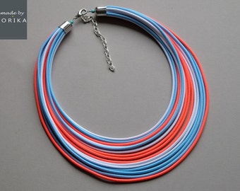 Neon red necklace, Colourful necklace, Blue strand necklace, Textile rope necklace, African style necklace, Chunky necklace, White necklace