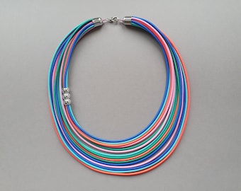 Colorful Textile Bib Necklace: Asymmetric Silver Beads