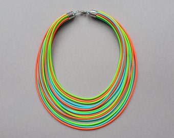 Colorful textile necklace, Handmade Boho necklace, Neon Multi Strand Necklace, Bright Textile Rope Statement Necklace, Gift for her