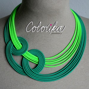 Neon fabric necklace, Green neon necklace, Knotted green necklace, Statement rope necklace, Unique fun necklace, Chunky colourful necklace image 4