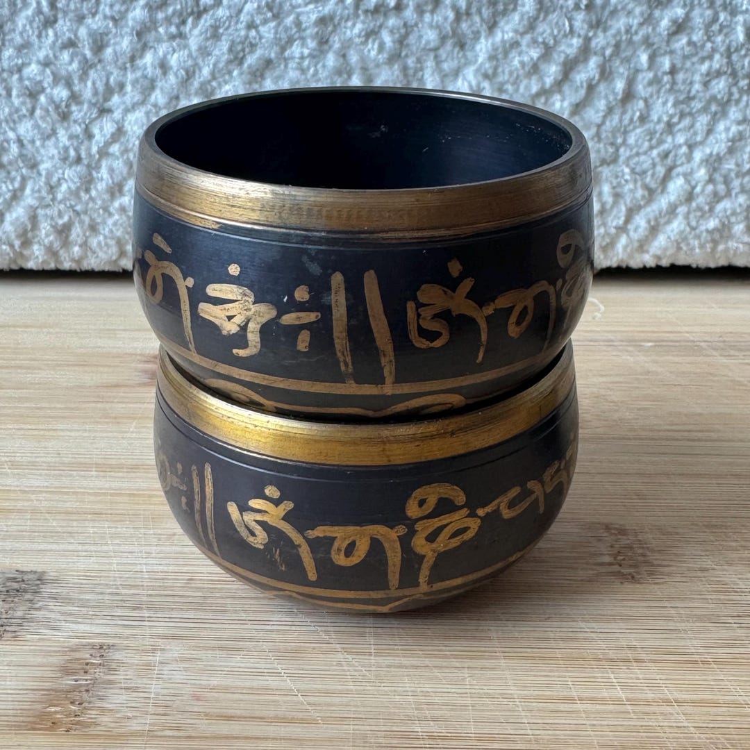 Vintage Tibetan Singing Bowl Set Brass Meditation Bowls Etched Mantra ...