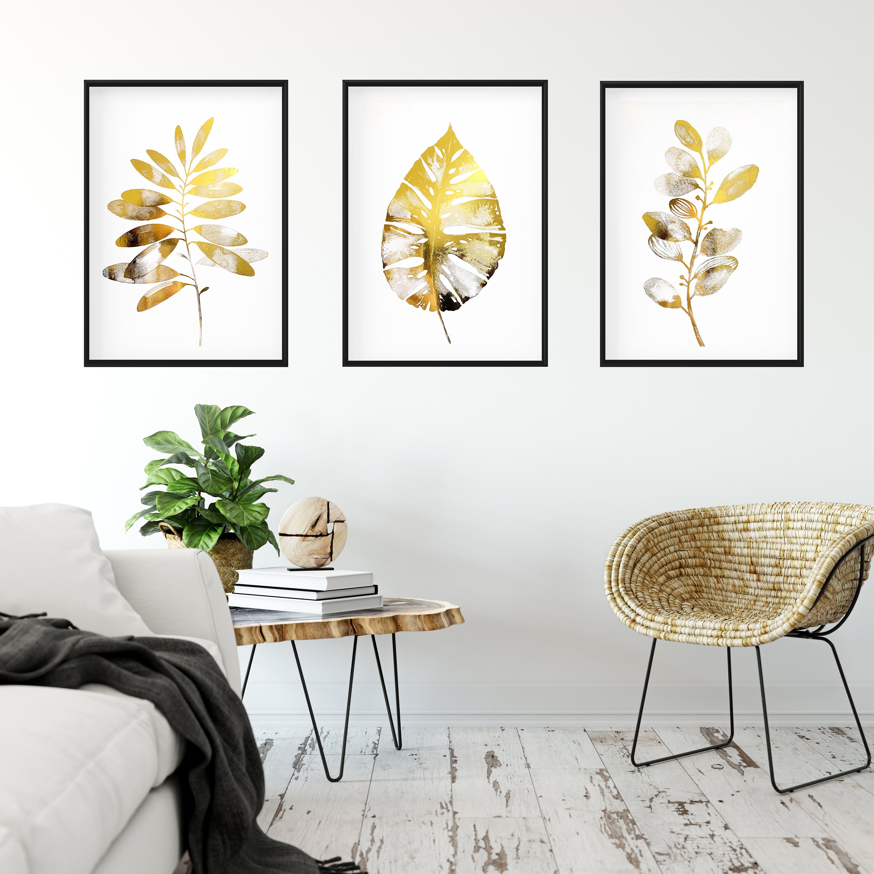 Gold Foil Leaf Print Nature Wall Art Home Decor Modern Wall Etsy