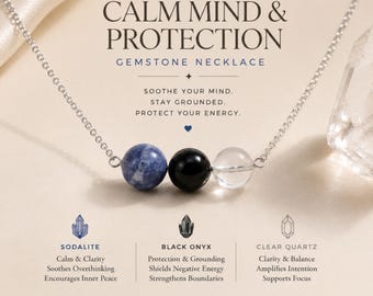 Collier Apaisement et Protection avec Sodalite, Onyx Noir et Quartz Clair, Bijou de Cristal de Guérison, Cadeau pour Femme