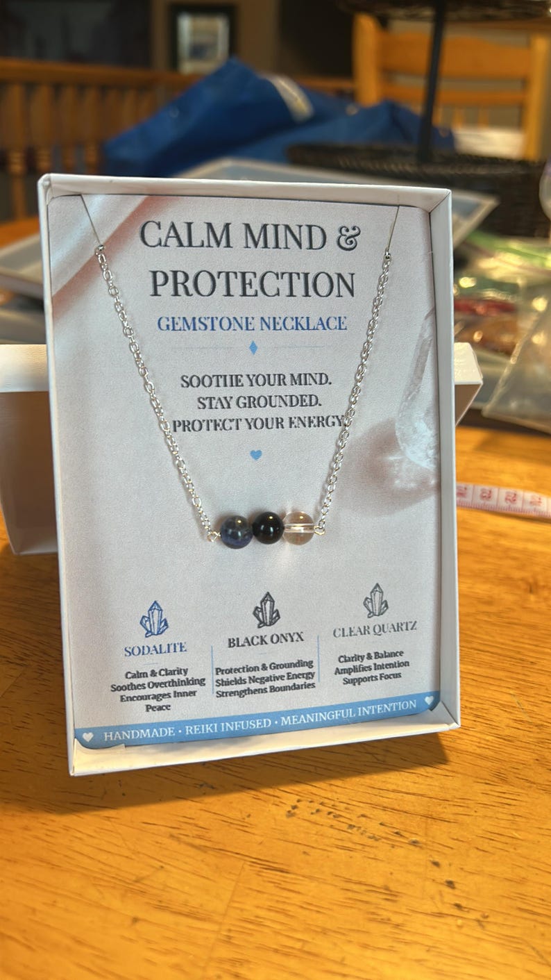 Calm Mind & Protection Necklace with Sodalite Black Onyx Clear Quartz, Healing Crystal Jewelry Gift for Women image 6