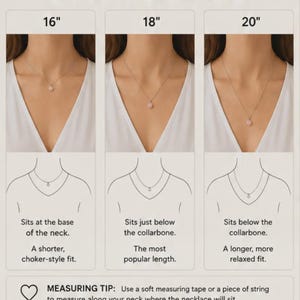 May include: A necklace length guide featuring three columns labeled 16", 18", and 20". Each column shows a necklace on a neck with descriptive text: 16" sits at the base of the neck, 18" sits below the collarbone, and 20" sits further below the collarbone.