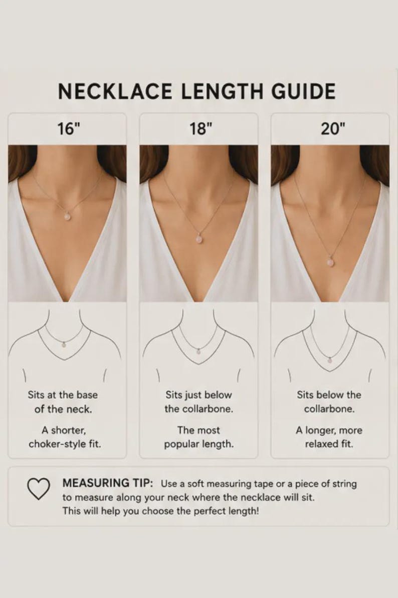 May include: A necklace length guide featuring three columns labeled 16", 18", and 20". Each column shows a necklace on a neck with descriptive text: 16" sits at the base of the neck, 18" sits below the collarbone, and 20" sits further below the collarbone.