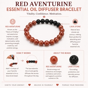 Red Aventurine Essential Oil Diffuser Bracelet, Lava Stone Aromatherapy Jewelry, Confidence & Motivation Crystal, Empowerment Gemstone