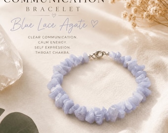 May include: A bracelet made of small, irregular, light blue lace agate stone chips. The bracelet features a silver-toned metal lobster claw clasp. Text on the image reads: COMMUNICATION BRACELET, Blue Lace Agate, CLEAR COMMUNICATION, CALM ENERGY, SELF EXPRESSION, THROAT CHAKRA.