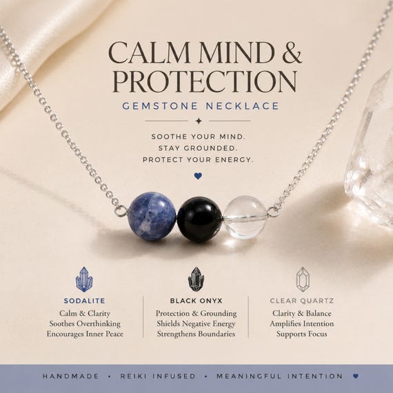Calm Mind & Protection Necklace with Sodalite Black Onyx Clear Quartz, Healing Crystal Jewelry Gift for Women