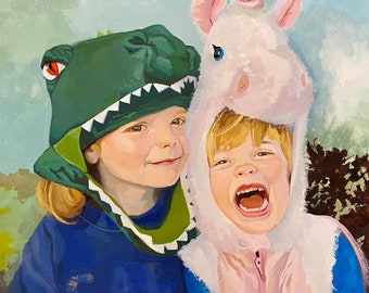 Retrato infantil personalizado, encargo de arte para hermanos, obra de arte para niños pequeños