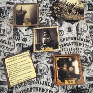 May include: A collection of Victorian Phantasmagoria booster deck cards with various images and text. The cards feature images of an abyss, a woman holding a candle, and orbs. The background is a gray fabric with skulls, eyes, and Ouija board elements.