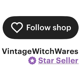 May include: A black button with a white heart icon and the text "Follow shop" in white. Below the button is the text "VintageWitchWares" in black and a purple star icon with the text "Star Seller" in white.