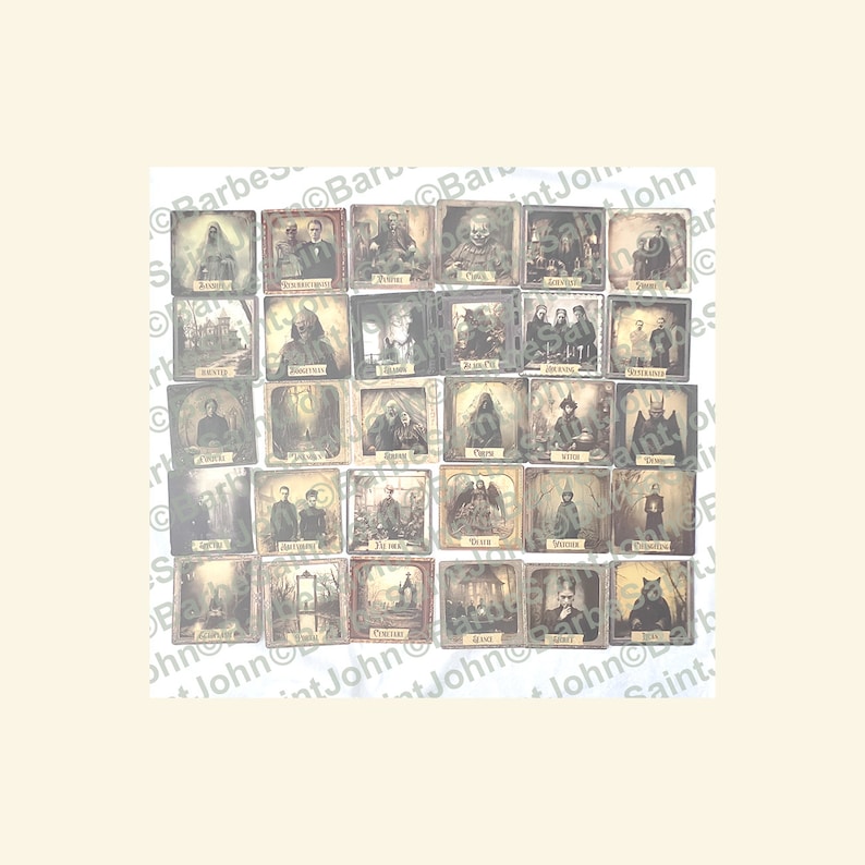 May include: A set of 36 vintage-style cards featuring spooky images and text. The cards are printed on thick cardstock and have a distressed, antique look. The images include a variety of spooky subjects, such as ghosts, haunted houses, and creepy creatures. The text on the cards is in a gothic font and includes phrases like "The Haunting," "The Curse," and "The Shadow."