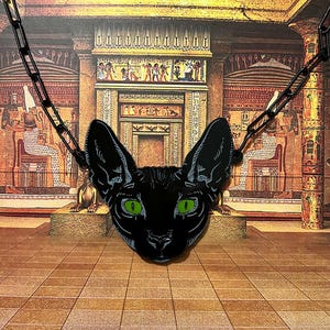 Black Sphynx Cat Statement Necklace, Kitty Pendant