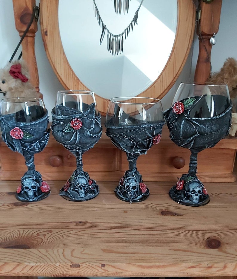 Decorative gothic wine glass with skulls and roses Day of the Etsy