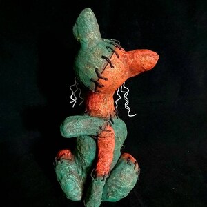 Franken-Kitty Gothic Sculpture, Green Sitting Cat Sculpture, Creepy Cute Halloween Kitten Figurine, Gift for Gardeners image 3