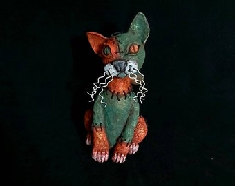 Franken-Kitty Gothic Sculpture, Green Sitting Cat Sculpture, Creepy Cute Halloween Kitten Figurine, Gift for Gardeners