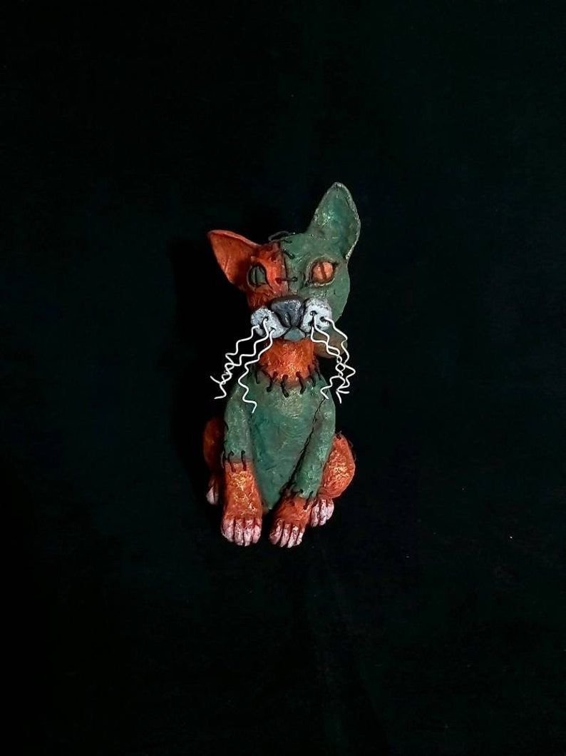 Franken-Kitty Gothic Sculpture, Green Sitting Cat Sculpture, Creepy Cute Halloween Kitten Figurine, Gift for Gardeners image 1