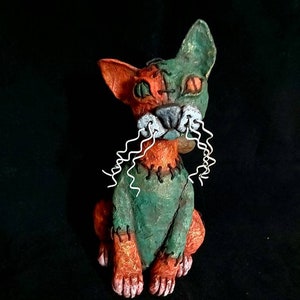 Franken-Kitty Gothic Sculpture, Green Sitting Cat Sculpture, Creepy Cute Halloween Kitten Figurine, Gift for Gardeners image 2