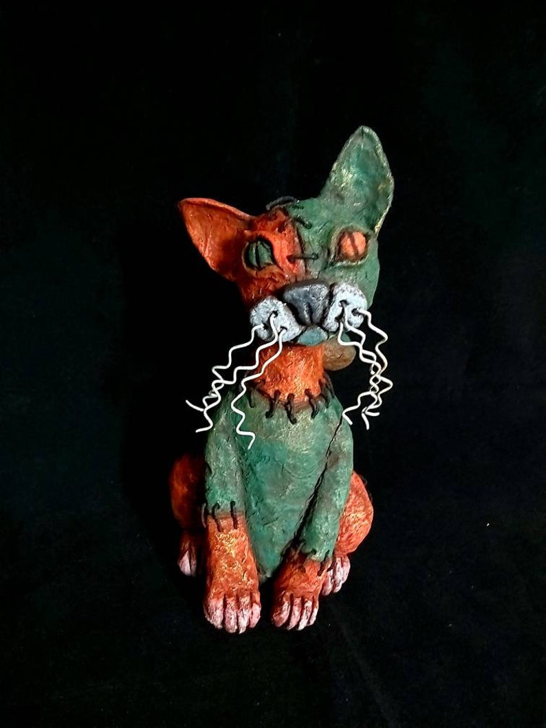 Franken-Kitty Gothic Sculpture, Green Sitting Cat Sculpture, Creepy Cute Halloween Kitten Figurine, Gift for Gardeners image 2