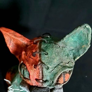 Franken-Kitty Gothic Sculpture, Green Sitting Cat Sculpture, Creepy Cute Halloween Kitten Figurine, Gift for Gardeners image 4