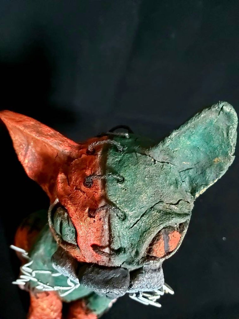 Franken-Kitty Gothic Sculpture, Green Sitting Cat Sculpture, Creepy Cute Halloween Kitten Figurine, Gift for Gardeners image 4