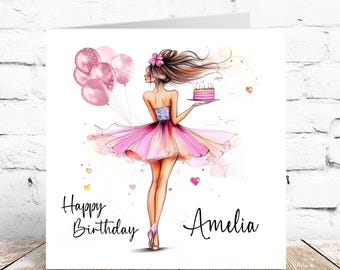 Personalised Pink Balloon Birthday Card: Linen Texture, Custom Name
