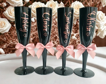 Black personalised Champagne Flute, rose gold trim, Shatterproof Prosecco Flute with Bow, celebration favour, hen party gift, Prom gift,
