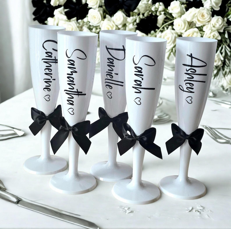 Prom Flutes Black Personalised Champagne Flute, White Trim, Shatterproof Prosecco ...