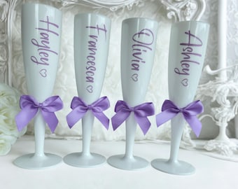 Personalised White Champagne Flute, Lilac Bow Detail, Shatterproof Prosecco Glass