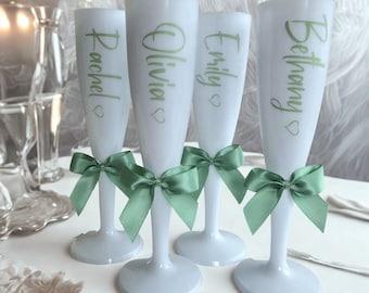 Personalised White Champagne Flute, Sage Green Bow, Shatterproof Prosecco Glass, Celebration Favour