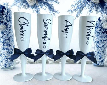 White personalised Champagne Flute, navy blue trim, Shatterproof Prosecco Flute with Bow, celebration favour, hen party gift, Prom gift,