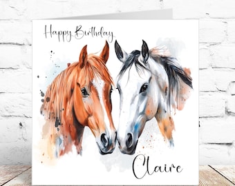 Personalised Water colour Horses Birthday Card: Equestrian Gift