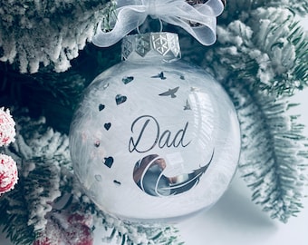 Dad Memorial Christmas Bauble: Feather, Personalised Tribute, Christmas decoration, lost loved ones keepsake, In memory of Dad