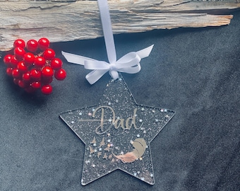 Christmas star, Memorial bauble, Silver sparkle star, Personalised feather bauble, In memory of Dad, Mum, loved one, acrylic star.