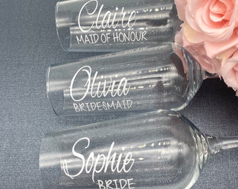 Personalised Champagne Flute Decals: Luxury White Wedding Decor, hen party favour, custom party sticker, Bridesmaid proposal, Birthday decor