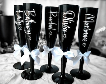 Black personalised Champagne Flute, white trim, Shatterproof Prosecco Flute with Bow, celebration favour, hen party gift, Prom gift,