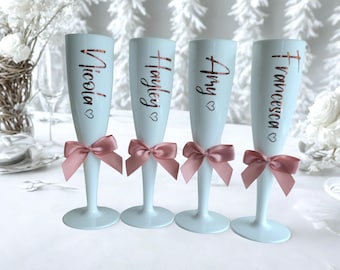 White personalised Champagne Flute, rose gold trim, Shatterproof Prosecco Flute with Bow, celebration favour, hen party gift, Prom gift,