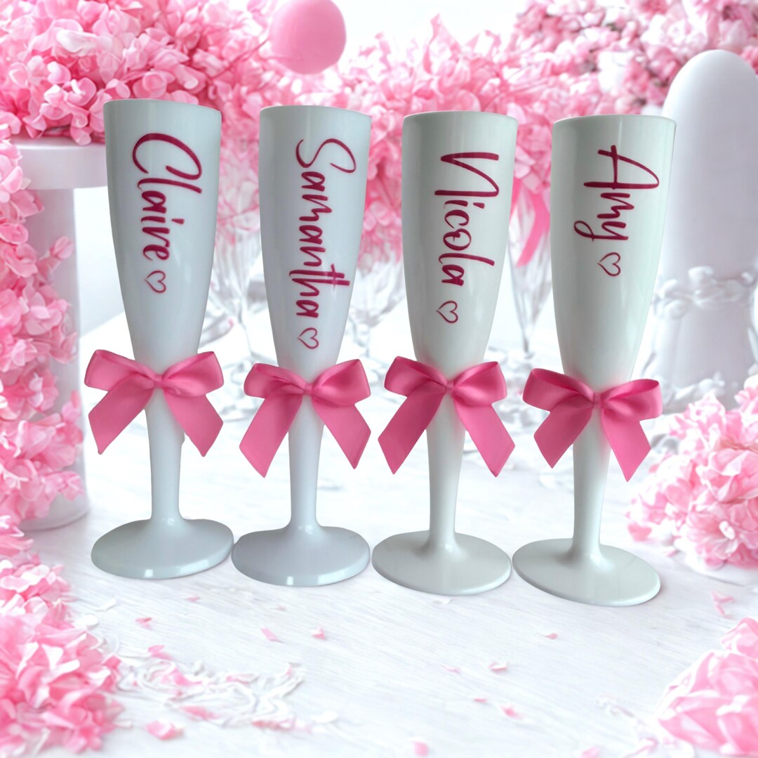 Prom Flutes White Personalised Champagne Flute, Hot Pink Trim, Shatterproof ...