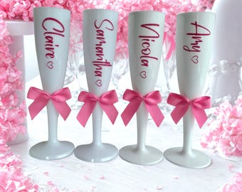 White personalised Champagne Flute, hot pink trim, Shatterproof Prosecco Flute with Bow, celebration favour, hen party gift, Prom gift,