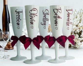 White personalised Champagne Flute, burgandy trim, Shatterproof Prosecco Flute with Bow, celebration favour, hen party gift, Prom gift,