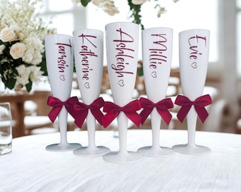White personalised Champagne Flute, ruby red trim, Shatterproof Prosecco Flute with Bow, celebration favour, hen party gift, Prom gift,
