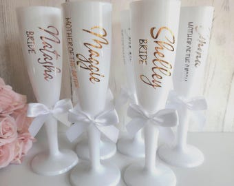 White personalised Champagne Flute, rose gold trim, Shatterproof Prosecco Flute with Bow, celebration favour, hen party gift, Prom gift,