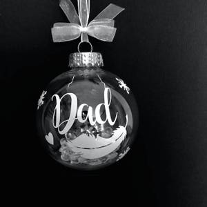 memory bauble, feather bauble, Christmas bauble,memorial bauble, Dad, Dad memorial bauble, Dad Christmas bauble, personalised bauble,