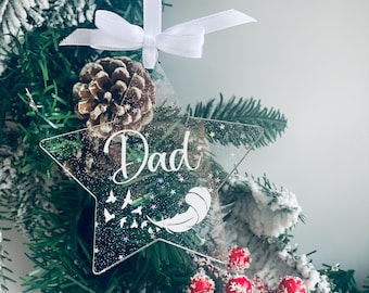 Christmas star, Memorial bauble, Silver sparkle star, Personalised feather bauble, In memory of Dad, Mum, loved one, acrylic star.