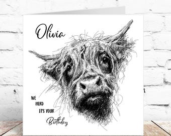 Personalised monochrome birthday card, highland cow lover, Pencil drawn animals, minimalist black and white birthday card, birthday greeting