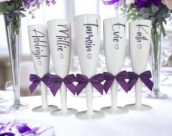 White personalised Champagne Flute, aubergine trim, Shatterproof Prosecco Flute with Bow, celebration favour, hen party gift, Prom gift,