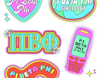May include: A set of colorful stickers featuring the Greek letters Pi Beta Phi. The stickers include a heart, a circle, a rectangle, a phone, and a smiley face. The text on the stickers includes "Pi Beta Phi", "Since 1867", "Pi Beta Phi is calling", and "It's always a good day with Pi Phi".